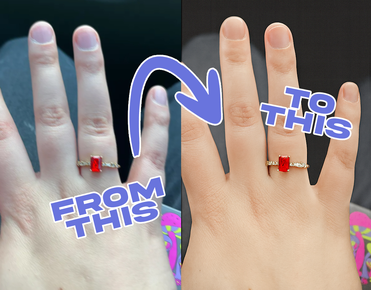 Before and after transformation showing blurry customer photo becoming professional